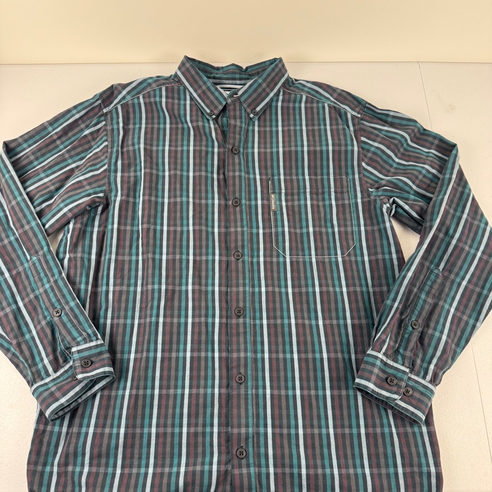 Columbia Mens Large Plaid Button Down Shirt Long Sleeve Teal Burgundy Cotton